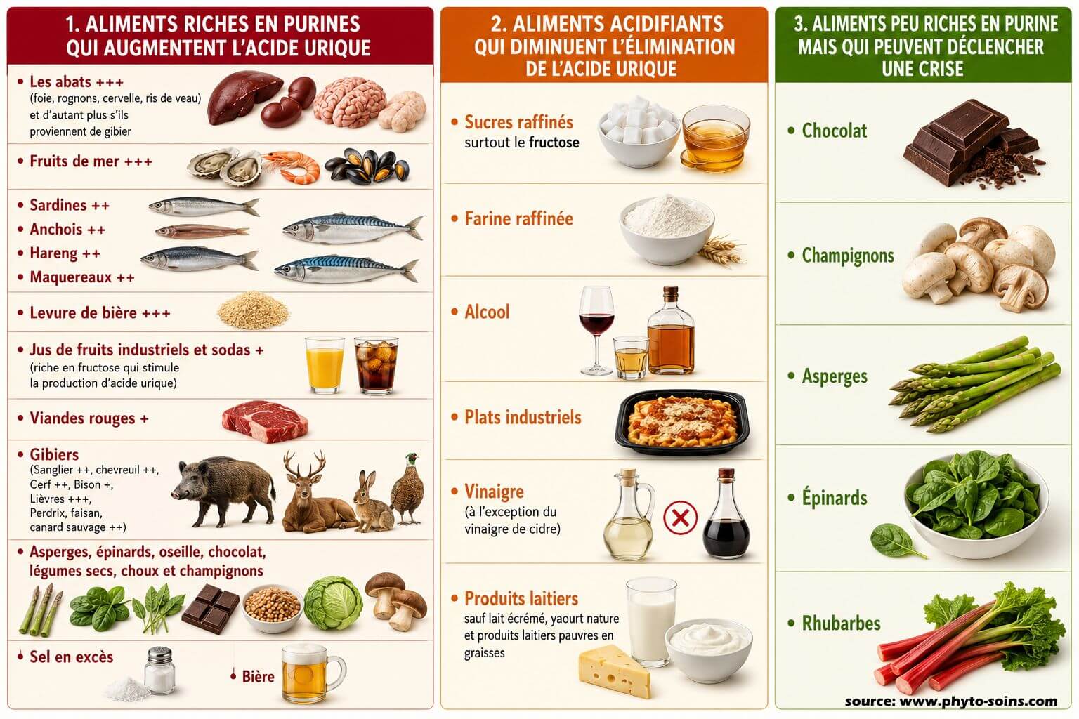 Goutte: les aliments riches en purine, acidifiant et d&eacute;clencheurs de la crise de goutte.